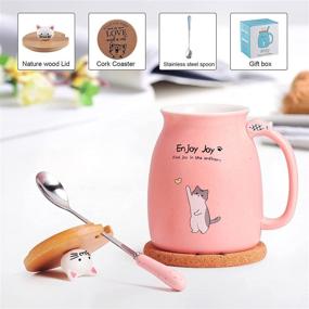 img 3 attached to 🐱 Cute Cat Cup Ceramic Coffee Mug with Kawaii Cat Wooden Lid, Adorable Stainless Steel Spoon, Anime Kitty Thicken Wooden Coaster, Perfect Christmas Birthday Gift Cute Thing Japanese Mug 480ML (Pink)