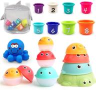 🐙 morababy baby bath stacking toys set with organizer bag - 8 stacking cup toys, 4 stack up squirts animal balls, and 1 floating blue octopus - fun splash toys for bath time - perfect gifts for toddlers ages 1-3 years logo