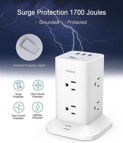 img 1 attached to 💡 TESSAN Power Strip Tower Surge Protector with 8 Wide-Spaced Outlets, 3 USB Ports, 6ft Extension Cord Flat Plug, Compact Size Charging Station, 1700 J Protection, 1875W, White