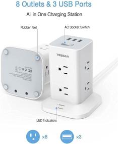 img 3 attached to 💡 TESSAN Power Strip Tower Surge Protector with 8 Wide-Spaced Outlets, 3 USB Ports, 6ft Extension Cord Flat Plug, Compact Size Charging Station, 1700 J Protection, 1875W, White