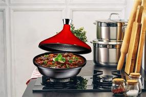 img 1 attached to Bruntmor 4-Quart Fire Red Cast Iron Moroccan Tagine | Cooking Pot with Silver Knob | Enameled Base and Cone-Shaped Ceramic Lid | Ideal for Baking, Frying | Oven and Dishwasher Safe