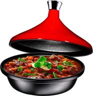 bruntmor 4-quart fire red cast iron moroccan tagine | cooking pot with silver knob | enameled base and cone-shaped ceramic lid | ideal for baking, frying | oven and dishwasher safe logo