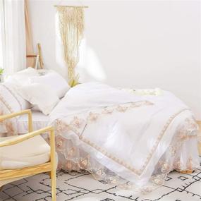 img 3 attached to 🛏️ TEALP Queen Lace Jacquard Floral Bedding Set - Romantic Victorian Princess Duvet Cover with Ruffle Lace Bedskirt, Pillow Covers, and Soft Shams – Luxury Bridal Shabby Chic White Cotton Duvet Set