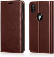 belemay genuine leather iphone xs max wallet case - slim fit folio book flip cover with durable soft inner case, card holder slots, kickstand, cash pockets - compatible with iphone xs max (6.5-inch), brown logo