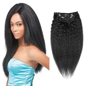 img 4 attached to Clip-in Afro Hair Extensions - Jet Black African American Hair Piece, 🔥 Kinky Hair, Human Hair - 10-24 inch, 7 Pcs (80g - 16 inch)