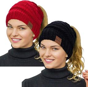 img 4 attached to Rosoz 2 Pack Women's Ponytail Beanie Hat - Winter Warm Beanie Tail with Soft Stretch Cable Knit for Messy High Bun Hairstyle