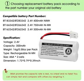 img 3 attached to 🔋 iMah BT162342/BT262342 2.4V 300mAh Ni-MH Cordless Phone Battery Pack, Compatibility with BT183342/BT283342, AT&amp;T EL52351, TL90070, VTech CS5119, DS6511, DS6722, LS6305 Handset, 2-Pack