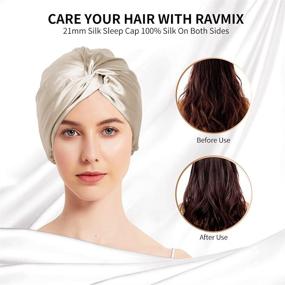 img 3 attached to 🎀 Ravmix Large 100% Mulberry Silk Bonnet Sleep Cap for Women Hair Care, Both Sides 21 Momme Natural Silk Hair Wrap For Sleeping, Night Cap with Elastic Stay On Head, 1PCS, Beige