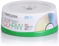 25-pack spindle of memorex cdrw80 discs - maximum storage and rewritable efficiency logo