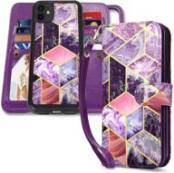 📱 caseowl iphone 11 wallet case with 9 card slots, hand strap | purple marble pattern flip leather & tpu protective case for women girls | magnetic detachable | 2 in 1 folio logo