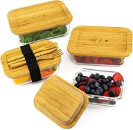 🍱 glass food storage containers with eco-friendly bamboo lids: set of 4 - plastic-free, bpa-free. includes bamboo cutlery & adjustable wrap. ideal glass bento box for meal prep (assorted) логотип