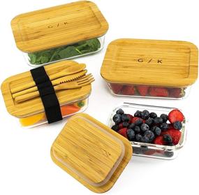 img 4 attached to 🍱 Glass Food Storage Containers with Eco-Friendly Bamboo Lids: Set of 4 - Plastic-Free, BPA-Free. Includes Bamboo Cutlery & Adjustable Wrap. Ideal Glass Bento Box for Meal Prep (Assorted)