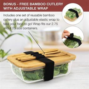 img 3 attached to 🍱 Glass Food Storage Containers with Eco-Friendly Bamboo Lids: Set of 4 - Plastic-Free, BPA-Free. Includes Bamboo Cutlery & Adjustable Wrap. Ideal Glass Bento Box for Meal Prep (Assorted)