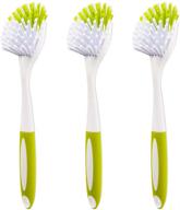 kitchen scrub brush 3-pack with scraper - stiff bristles for pot, pan, bathroom cleaning - comfortable long handle - yellow-green logo