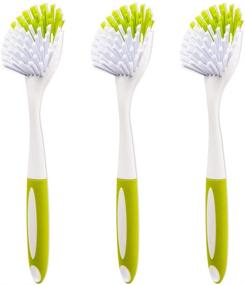 img 4 attached to Kitchen Scrub Brush 3-Pack with Scraper - Stiff Bristles for Pot, Pan, Bathroom Cleaning - Comfortable Long Handle - Yellow-Green