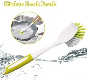 img 3 attached to Kitchen Scrub Brush 3-Pack with Scraper - Stiff Bristles for Pot, Pan, Bathroom Cleaning - Comfortable Long Handle - Yellow-Green
