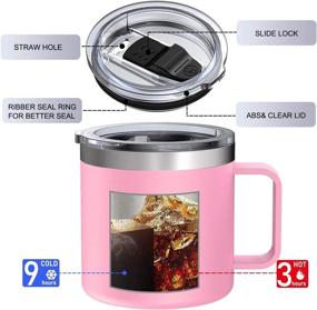 img 3 attached to 6 Pack of Umite Chef 14oz Pink Stainless Steel Insulated Coffee Mugs with Handle, Double Wall Vacuum Tumbler, Travel-Friendly with Sliding Lid