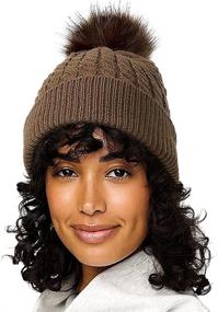 img 3 attached to 👒 Womens Cable Knit Hat: Satin Lined Cuffed Beanie with Detachable Faux Fur Pompom - Silky Warm Hat for Winter