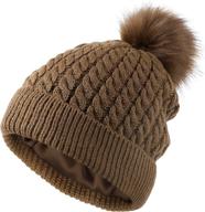 👒 womens cable knit hat: satin lined cuffed beanie with detachable faux fur pompom - silky warm hat for winter logo