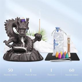 img 3 attached to 🐉 YAJODI Dragon Incense Burner Set with Backflow Waterfall Incense Holder Tower, Aromatherapy Ornament Gifts for Home Office - Includes 60 Backflow Incense Cones, 50 Incense Sticks, 1 Mat, and 1 Tweezers