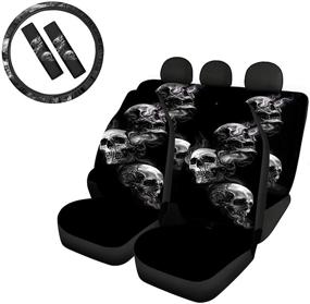 img 4 attached to HUGS IDEA Cool Skull Pattern Car Seat Covers For Front Rear Seats With Steering Wheel Cover &Amp