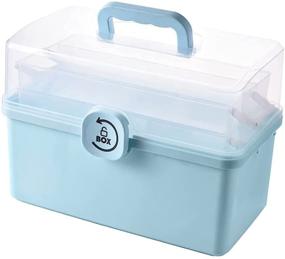 img 1 attached to 📦 Sooyee 3-Tier Fold Tray Plastic Storage Box - Portable Handled Tool Organizer Case with Lockable Container for Arts, Crafts, Cosmetic, Sewing, Toy, Washi Tape, Lego - Clear/Blue - 13.4x7.5x8.9 inches