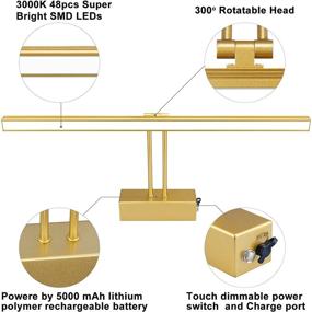 img 1 attached to FUNCHDAY Picture Light: Rechargeable Dimmable Painting Light with Rotatable Full Metal Dartboard 🖼️ Design – 16 Inches 3000K Display Lamp for Art Picture Frame Portrait – Gold