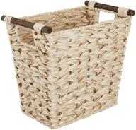 mdesign small woven basket trash can wastebasket: rectangular garbage bin with wood handles for bathrooms, kitchens, home offices, craft, laundry, utility rooms - natural/dark brown logo