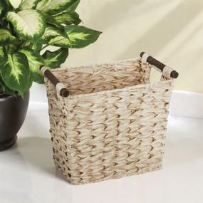 img 3 attached to mDesign Small Woven Basket Trash Can Wastebasket: Rectangular Garbage Bin with Wood Handles for Bathrooms, Kitchens, Home Offices, Craft, Laundry, Utility Rooms - Natural/Dark Brown