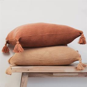 img 2 attached to Lumi Living Rust Ribbed Knit Textured 🛏️ Throw Pillow Cover with Tassels - 100% Soft Cotton