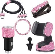 📱 5-piece pink bling car vent phone mount holder with charging cable, crystal ring emblem stickers & dual port usb for women and girls favors logo