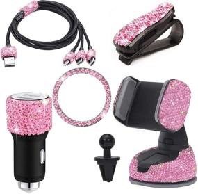 img 4 attached to 📱 5-Piece Pink Bling Car Vent Phone Mount Holder with Charging Cable, Crystal Ring Emblem Stickers & Dual Port USB for Women and Girls Favors