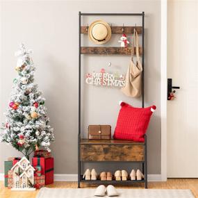 img 3 attached to Industrial Rustic Brown Hoobro Hall Tree with Bench - 3-in-1 Entryway Bench, Coat Rack, 🏠 and Storage Cabinet - Easy Assembly - Free Standing Wood Accent with Metal Hooks and Frame (BF06MT01)