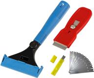 🔪 4-inch heavy duty stainless steel blade floor scraper tool with 9-inch blue plastic handle for wall cleaning - includes 10 replacement blades and mini scraper, gray logo