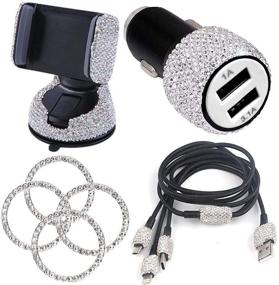 img 4 attached to Car Auto Bling Rhinestones Set - Car Phone Mount Holder, Car Charger, Charging Cable, Sticker Decor - iPhone iPad Android Accessories for Women Girls