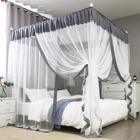 img 4 attached to 🏰 Transform Your Bedroom with JQWUPUP Elegant Bed Canopy Curtains, Color Stitching Ruffle 4 Corner Post Canopy Netting – Perfect Bed Canopy for Girls, Adults, and Kids! (King, Grey)