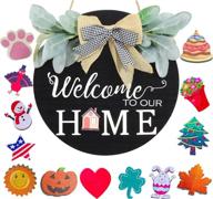 hejiayi interchangeable wooden rustic front door welcome sign with greenery - seasonal farmhouse porch home wreath decor in black логотип