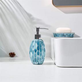 img 1 attached to 🛁 KMWARES 4PCs Decorative Mosaic Glass Bathroom Accessories Set - Includes Soap Dispenser, Tumbler, Soap Dish Holder Tray, and Toothbrush Holder - Multi Blue Green (Turquoise)