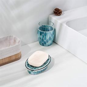 img 2 attached to 🛁 KMWARES 4PCs Decorative Mosaic Glass Bathroom Accessories Set - Includes Soap Dispenser, Tumbler, Soap Dish Holder Tray, and Toothbrush Holder - Multi Blue Green (Turquoise)