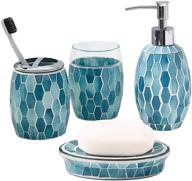 🛁 kmwares 4pcs decorative mosaic glass bathroom accessories set - includes soap dispenser, tumbler, soap dish holder tray, and toothbrush holder - multi blue green (turquoise) logo