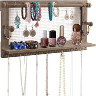 hanging jewelry organizer with earring holder, rustic mesh wall mounted jewelry organizer, wooden earring organizer including bracelet rod and 16 hooks - perfect gift for women логотип