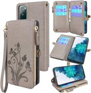 📱 lacass cards theft scan protection wallet case for samsung galaxy s20 fe 5g - 10 card slots, zipper pocket, flip leather cover with wrist strap, magnetic closure stand - floral gray logo