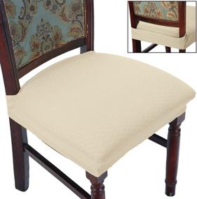 img 4 attached to 🪑 Stretchable Jacquard Armless Dining Room Chair Covers 16-20 Inches, Easy Installation Upholstered Protectors with Rear Cover, Set of 4 in Beige