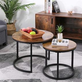 img 4 attached to 🏞️ Rustic Brown Industrial Nesting Coffee Table Set for Balcony Living Room - Modern Round Wooden Side Table Pair with Sturdy Metal Legs and Easy Assembly