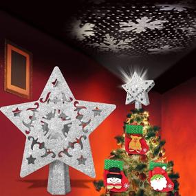 img 4 attached to 🌟 Shining Holiday Spirit: Jimwey Lighted Christmas Star Tree Topper with Rotating White LED Snowflake Projector, Glittering 3D Hollow Sliver Star Treetop for Festive Tree Decoration. Bonus: Extra Christmas Stockings!