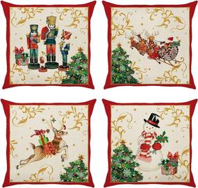 img 4 attached to 🎄 Set of 4 Bonhause Christmas Reindeer Throw Pillow Covers, 18 x 18 Inch - Nutcracker, Santa Claus, Snowman Decorative Pillow Cases in Polyester Linen, Cushion Covers for Couch Sofa Bed Xmas Decor