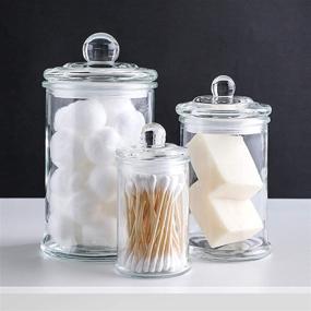 img 1 attached to Premium Quality Small Glass Apothecary Jars Set - 3 PC with Lids, Tray Included - Bathroom Vanity Organizer Canisters for Cotton Balls, Swabs, Makeup Sponges, Bath Salts, Q-Tips