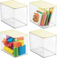 🧺 mdesign stackable closet plastic storage bin box with lid - organize kids toys, action figures, art supplies, building blocks, puzzles, crafts - 4 pack - clear/yellow logo
