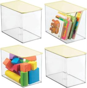 img 4 attached to 🧺 mDesign Stackable Closet Plastic Storage Bin Box with Lid - Organize Kids Toys, Action Figures, Art Supplies, Building Blocks, Puzzles, Crafts - 4 Pack - Clear/Yellow