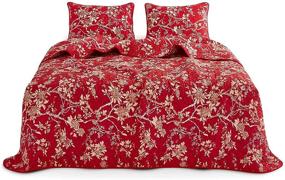 img 3 attached to Red Quilt Set - Wake In Cloud, Vintage Floral Flowers Pattern Printed, Soft Microfiber Bedspread Coverlet Bedding (3pcs, Queen Size)